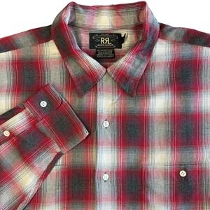 RRL Ralph Lauren Shadow Plaid Cowboy Shirt Mens L Rayon Loop Collar Double RL
